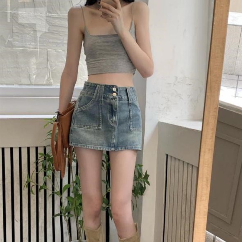 Chân Váy Jean Lưng Cao Cài Nút Đôi Phong Cách Retro Thời Trang Mùa Hè Cho Nữ