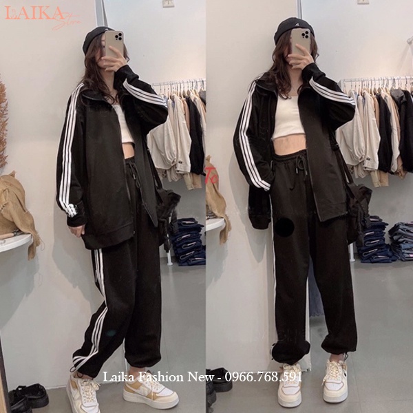 Quần thể thao 3 sọc trắng có dây rút vải dày dáng quần Jogger thể thao ống rộng nữ cạp chun viền kẻ trắng đi học thể dục