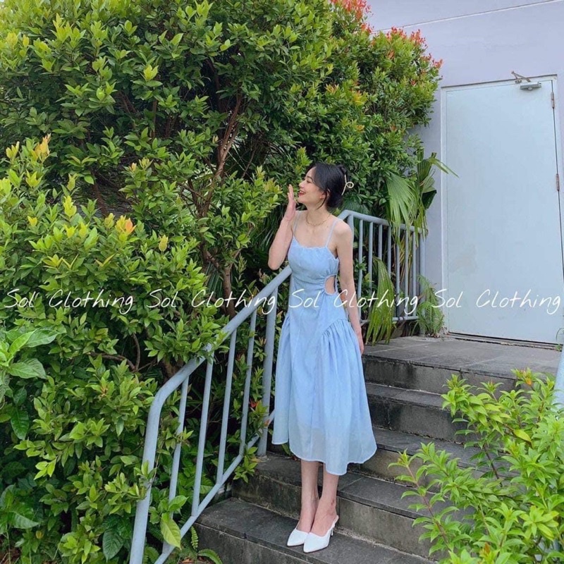 Đầm midi 2s xanh khoét eo lên dáng chuẩn form mẫu kèm ảnh thật trải sàn