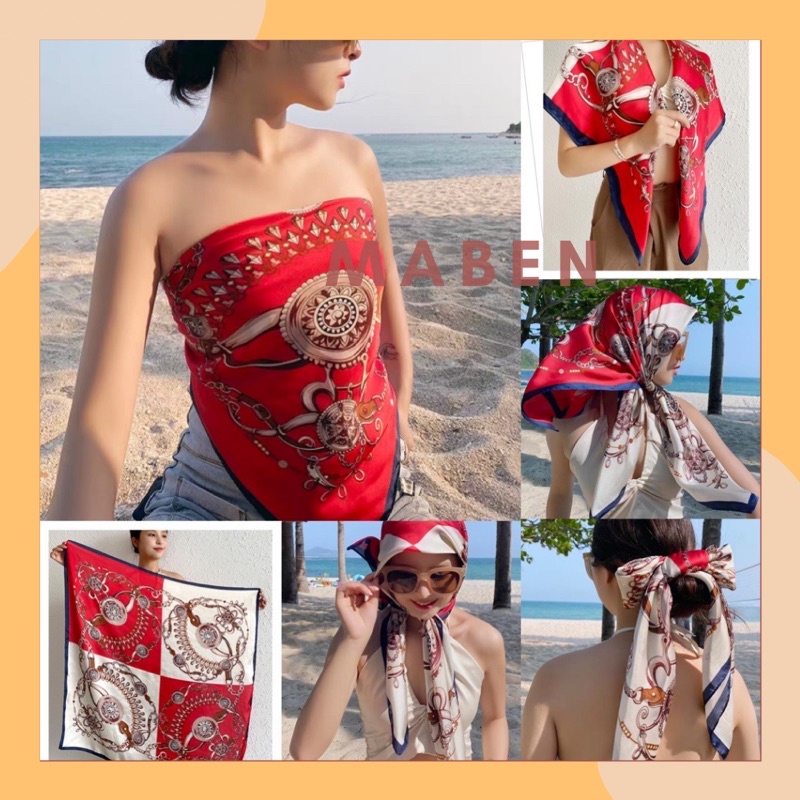 Khăn turban lụa cao cấp 90x90cm in hoa văn đẹp bandana quấn áo yếm siêu to - Maben