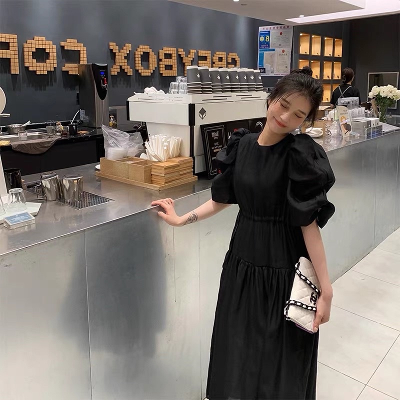 N27  Váy nhún ulzzang dáng dài cổ tay phồng 2 lớp siu xinh