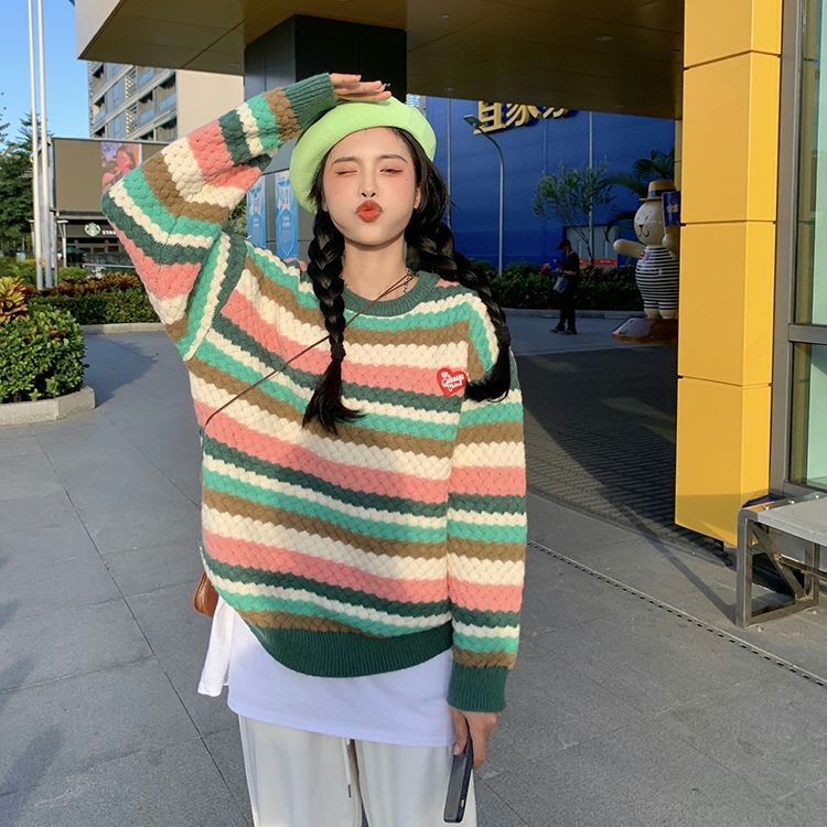 Áo sweater dệt kim chui đầu màu cầu vồng dễ phối đồ thời trang thu đông cho nữ