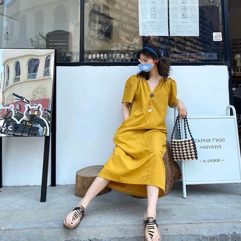 🌼 Váy maxi vàng phối khuy ngọc🌼(có ảnh thật) | BigBuy360 - bigbuy360.vn