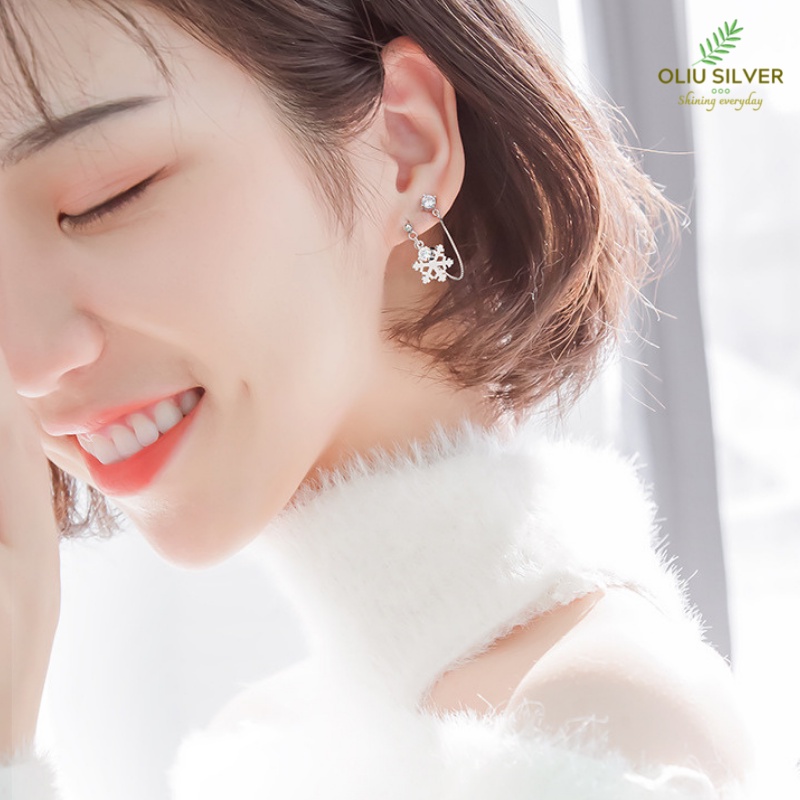 Bông Tai Bạc S925 Hoa Tuyết Hai Lỗ Xỏ Đính Đá Zircon Trẻ Trung Cá Tính | Khuyên Tai Nữ Trang Sức Bạc Thời Trang