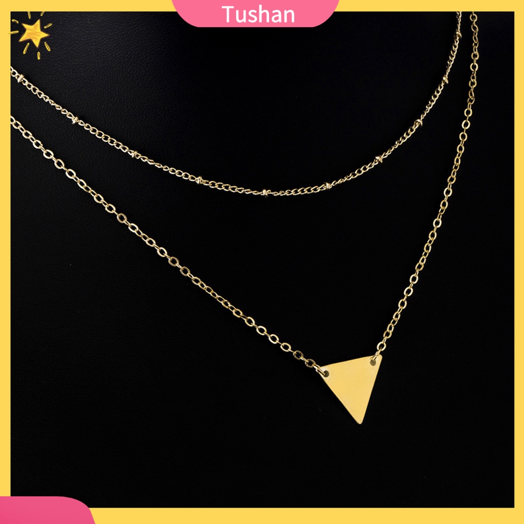 TUSH_Women Simple Stylish Multilayer Chain Geometric Triangle Pendant Short Necklace