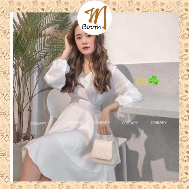 M Booth - Đầm Nữ Trắng Cổ Chéo Dài Tay 2 Tầng Eo Chun Dáng Xòe Q056