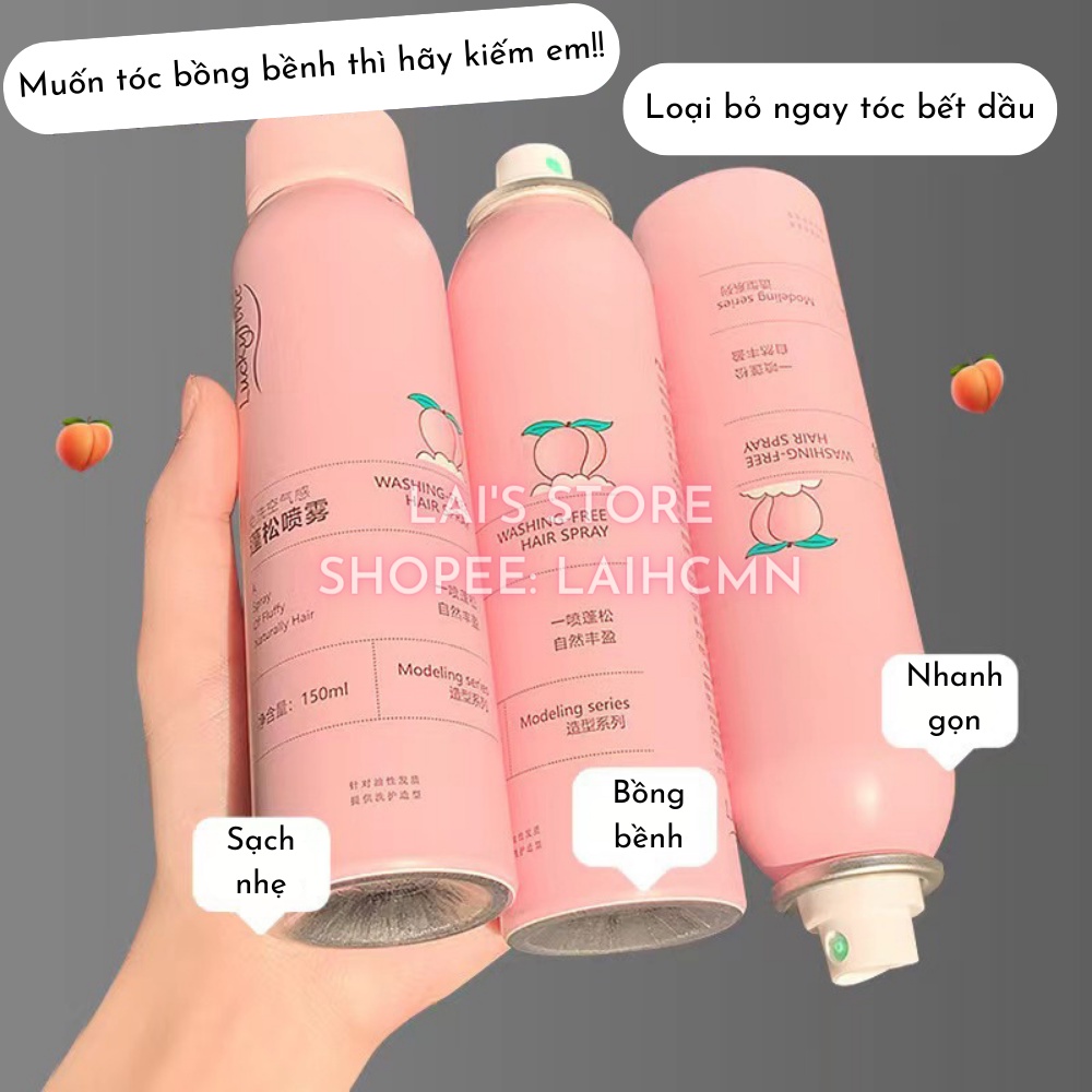 Gội Khô Hương Đào LuckyFine 150ml Dạng Xịt Xịt Gội Đầu Khô Cấp Tốc Giúp Tóc Bồng Bênh Suốt 8 Tiếng Không Bết Dính