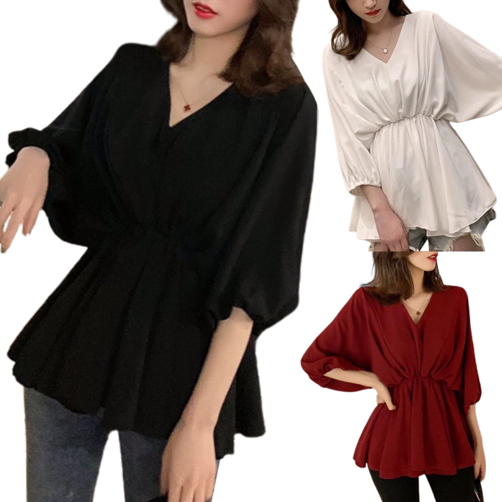 Áo sơ mi tay dài cổ chữ v chiết eo kiểu Hàn Quốc thời trang mùa thu cho nữ