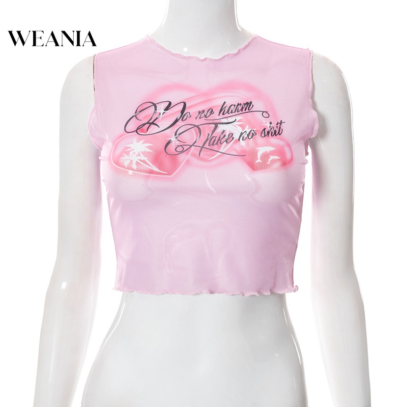 Áo Tank Top Sát Nách Phối Lưới Hoạ Tiết Chữ Thiết Kế Thanh Lịch