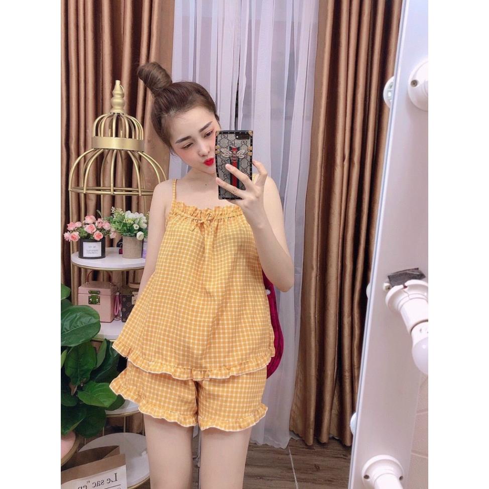 Set đồ bộ mặc nhà hai dây nữ lụa satin họa tiết caro quần đùi mặc mát cho mùa nóng, bộ đồ ngủ nữ hai dây
