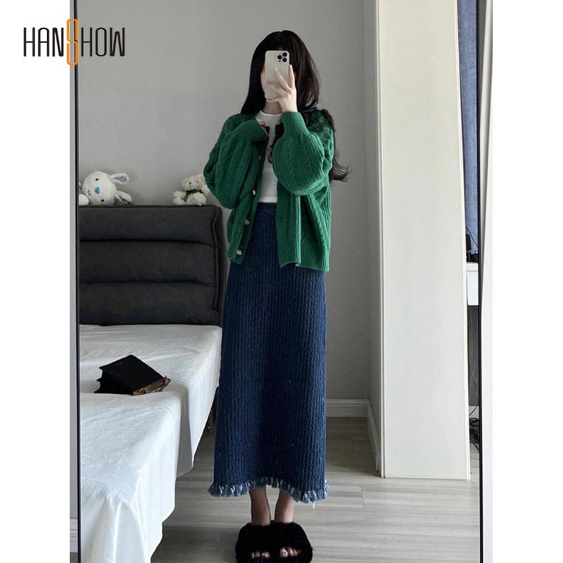 Bộ Áo Khoác Cardigan Dệt Kim Phối Chân Váy Midi Thời Trang Thu Đông 2022 Cho Nữ