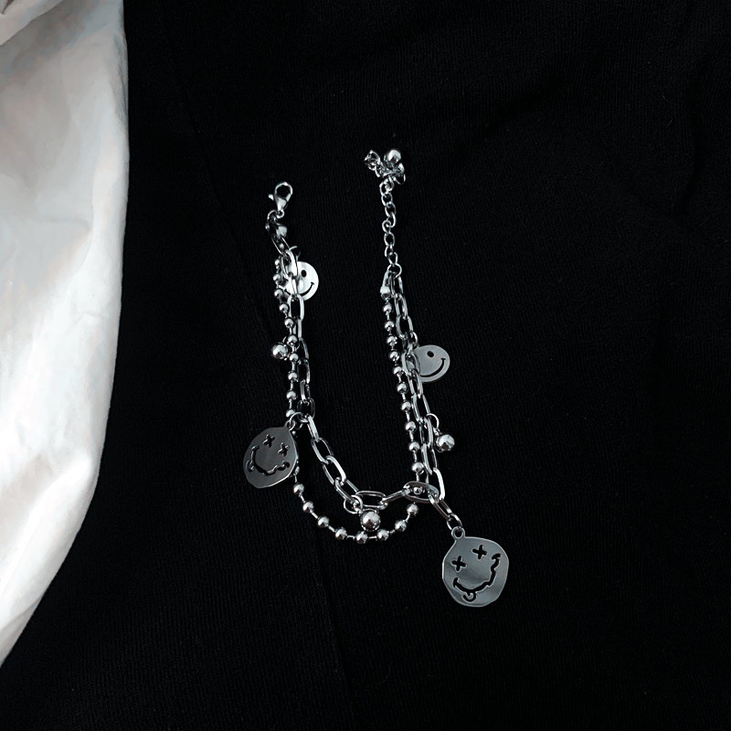 Vòng Tay Hai Lớp Bằng Thép Titan Họa Tiết Mặt Cười Phong Cách Hàn Quốc