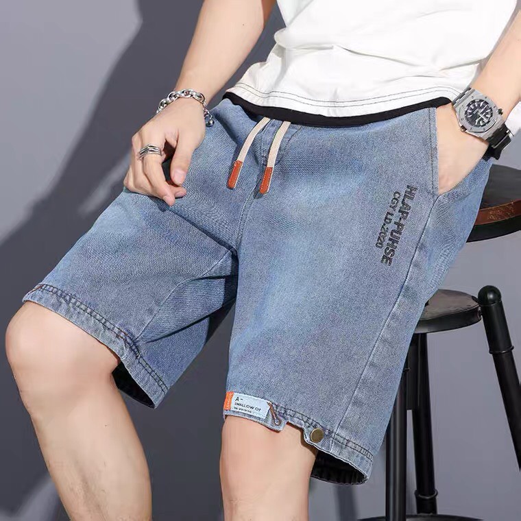Quần short bò nam cạp chun ống rộng ngang gối phong cách trẻ trung