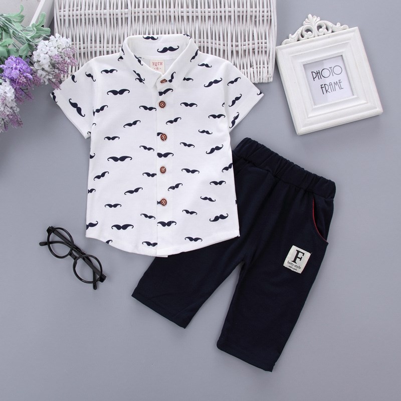 Set áo sơ mi họa tiết dễ thương kèm quần ngắn năng động cho bé trai