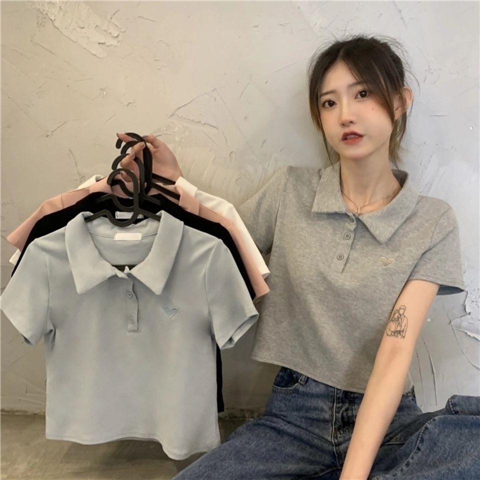 Áo thun polo tay ngắn thêu họa tiết trái tim thời trang xinh xắn cho nữ
