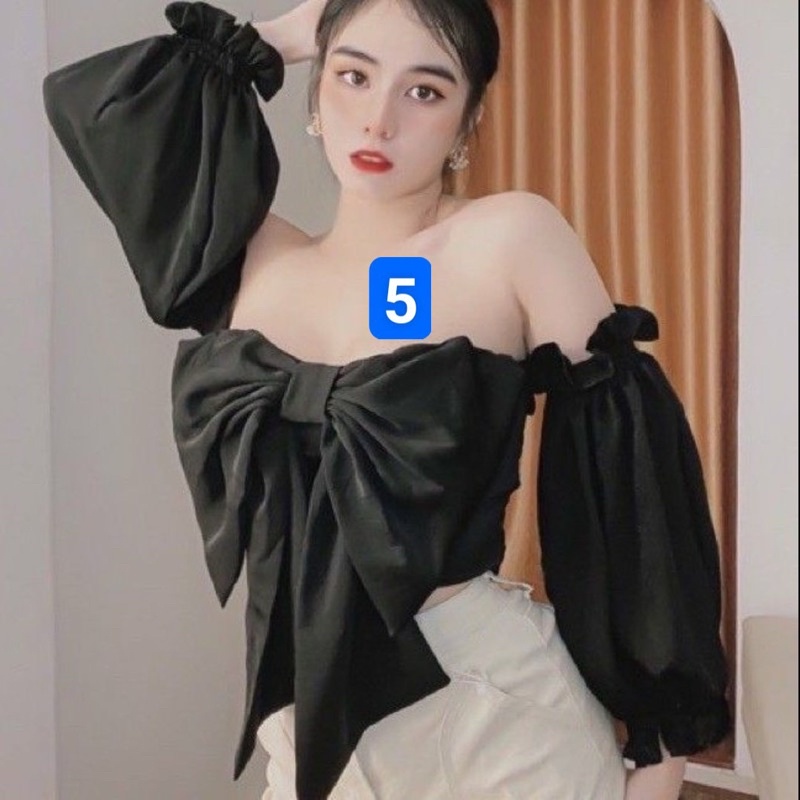 Áo croptop nữ tay dài trễ vai ôm tay phồng nơ xinh giá rẻ cao cấp VANISA CT30