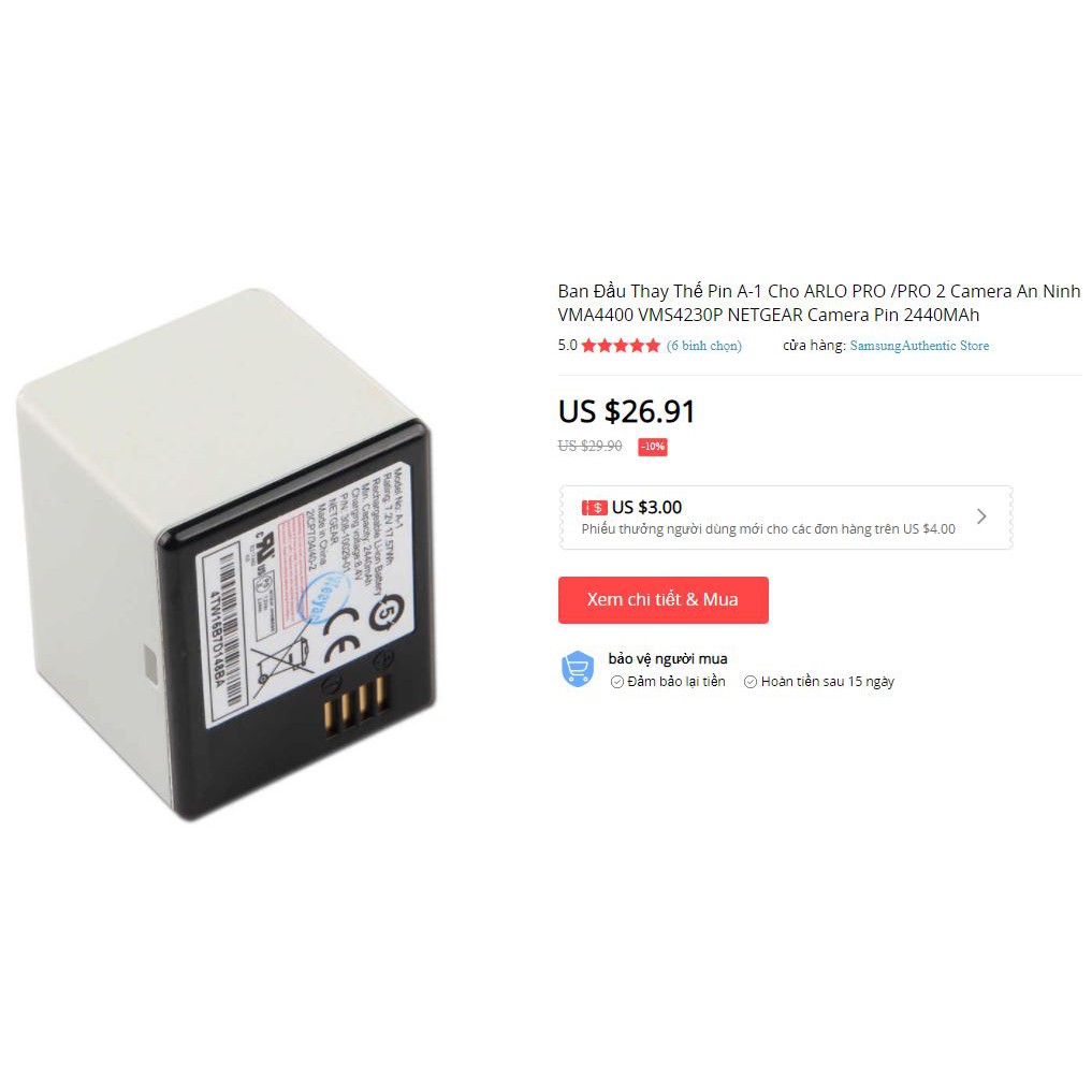 Pin sạc 2S 7.4V Pin 8.4V 2440mAh ARLO A1 Hãng Netgear Cho Camera VMA4400 VMS4230P - Mouser VN