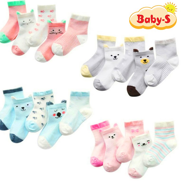 Set 5 đôi tất lưới cổ cao cho bé 0-2 tuổi chất cotton chống trơn trượt hình thú lạ mắt phối màu sắc Baby-S – ST017