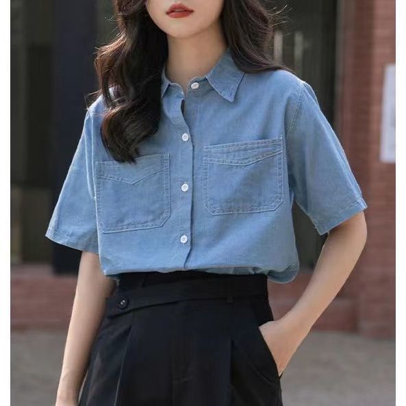 Áo Sơ Mi Denim Tay Ngắn Cổ Bẻ Dáng Rộng Phong Cách Hong Kong Thời Trang Mùa Hè Mới Cho Nữ