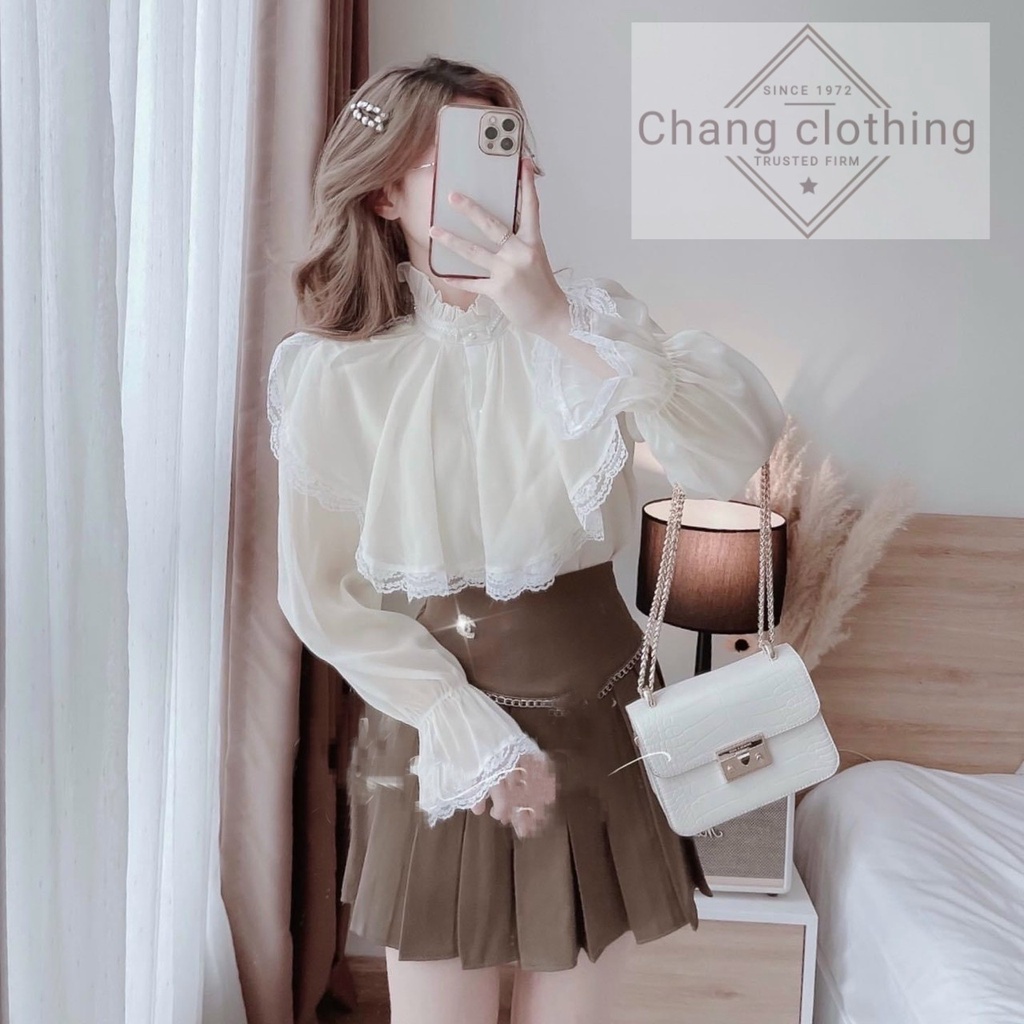 Áo sơ mi nữ tay phồng tiểu thư phối ren họa tiết kiểu hàn quốc màu trắng kem - Áo sơ mi kiểu nữ tay dài bồng mặc công sở
