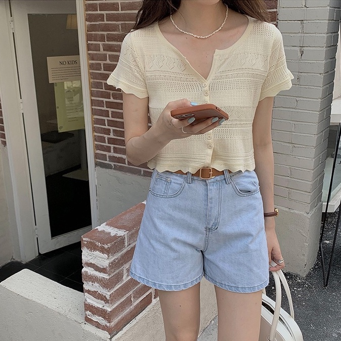 Porozi  Áo kiểu  dệt kim tay ngắn cổ chữ V phong cách Hàn Quốc