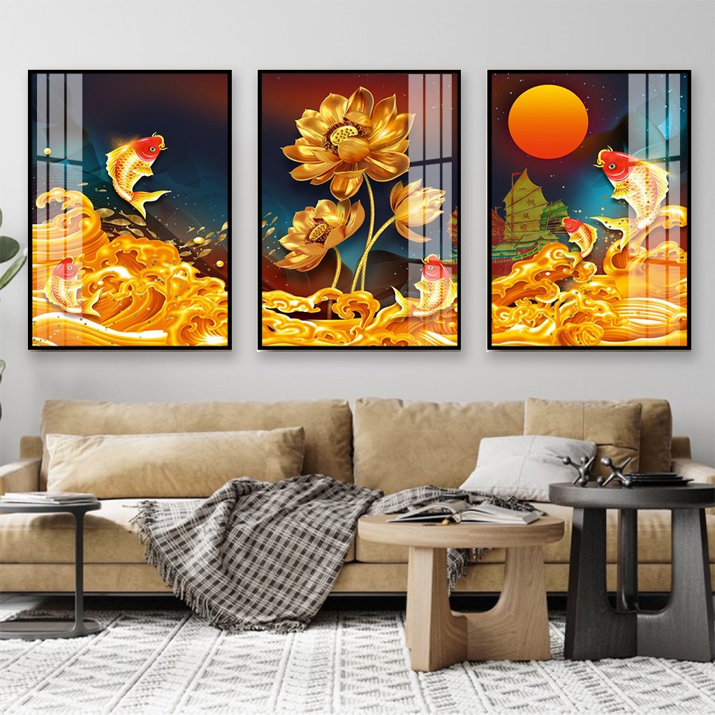 Tranh gỗ tráng gương - Set 3 tấm chủ đề nghệ thuật Hoa Sen Nước cực đẹp
