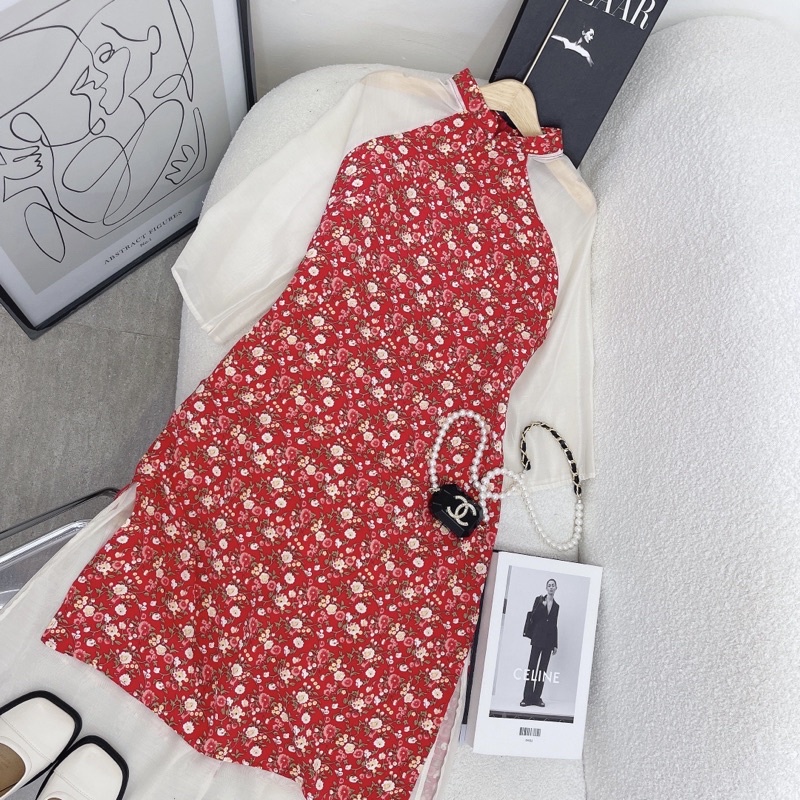 Đầm áo dài hoa cách điệu