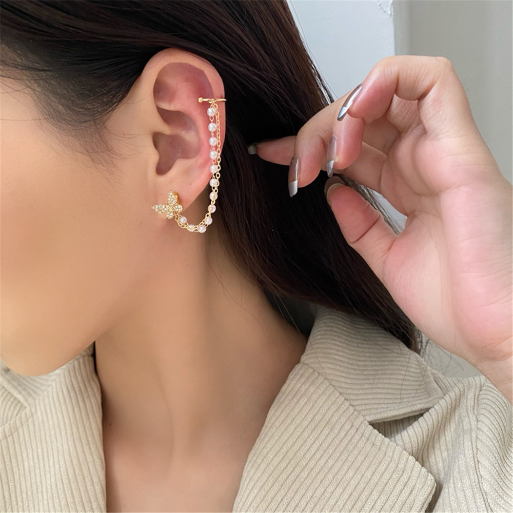 Khuyên Tai Dáng Dài Mặt Bướm Khảm Đá Phối Ngọc Trai Thanh Lịch