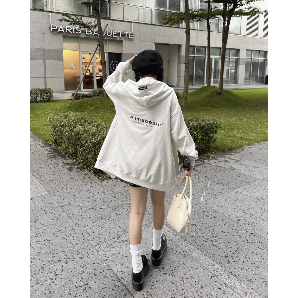 ÁO KHOÁC NAM/NỮ HOODIE ZIP UNIME BASIC ESSENTIAL - XÁM TRẮNG