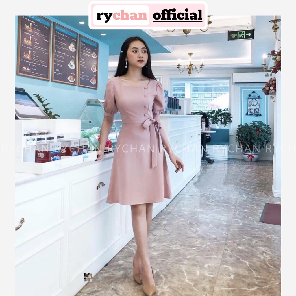 [ẢNH THẬT CUỐI] Đầm Xoè Hồng Cổ Vuông Nút Bọc Thắt Eo - DX075