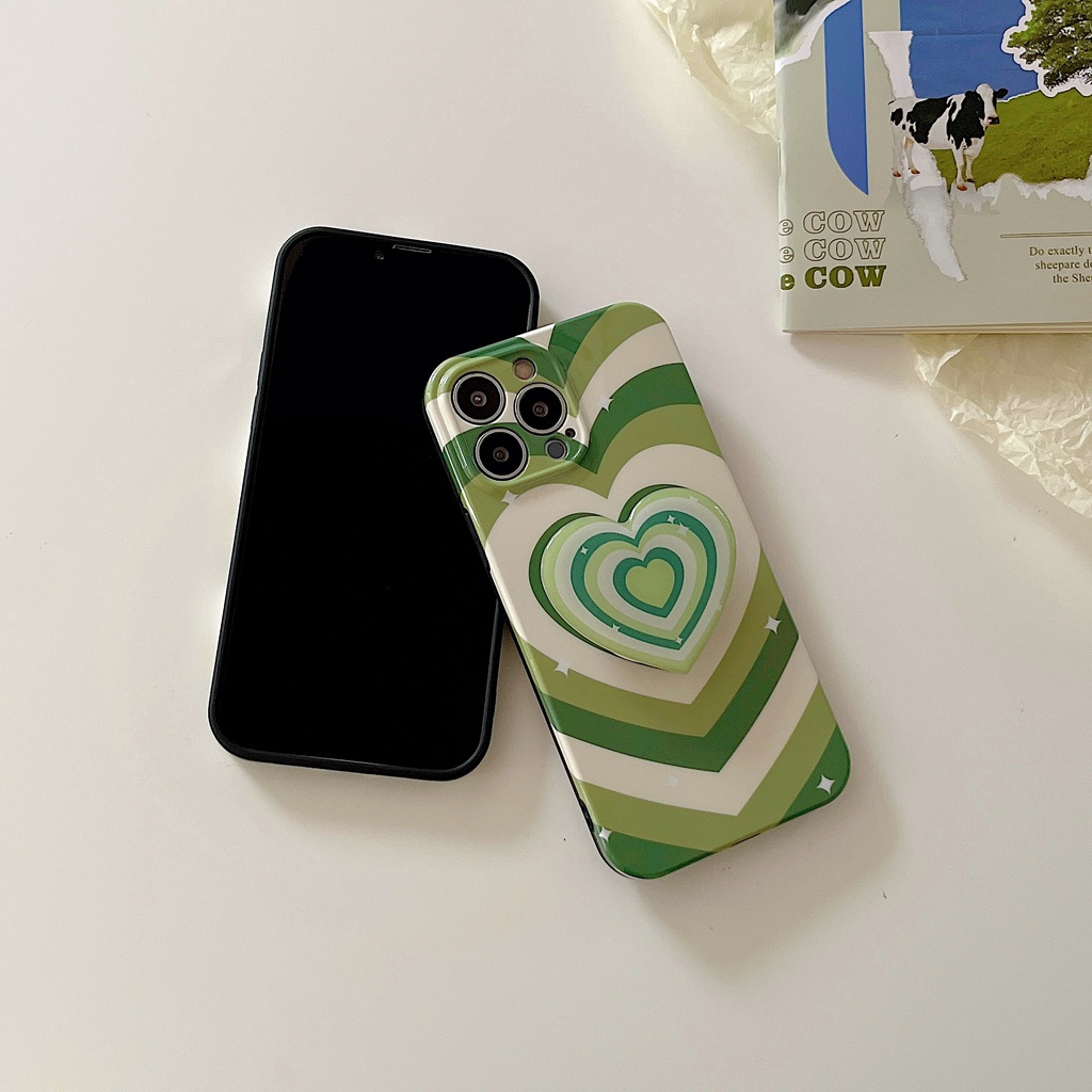 Ốp Điện Thoại Họa Tiết Trái Tim Màu Xanh Lá Ngọt Ngào Kèm Giá Đỡ Chống Sốc Cho Iphone