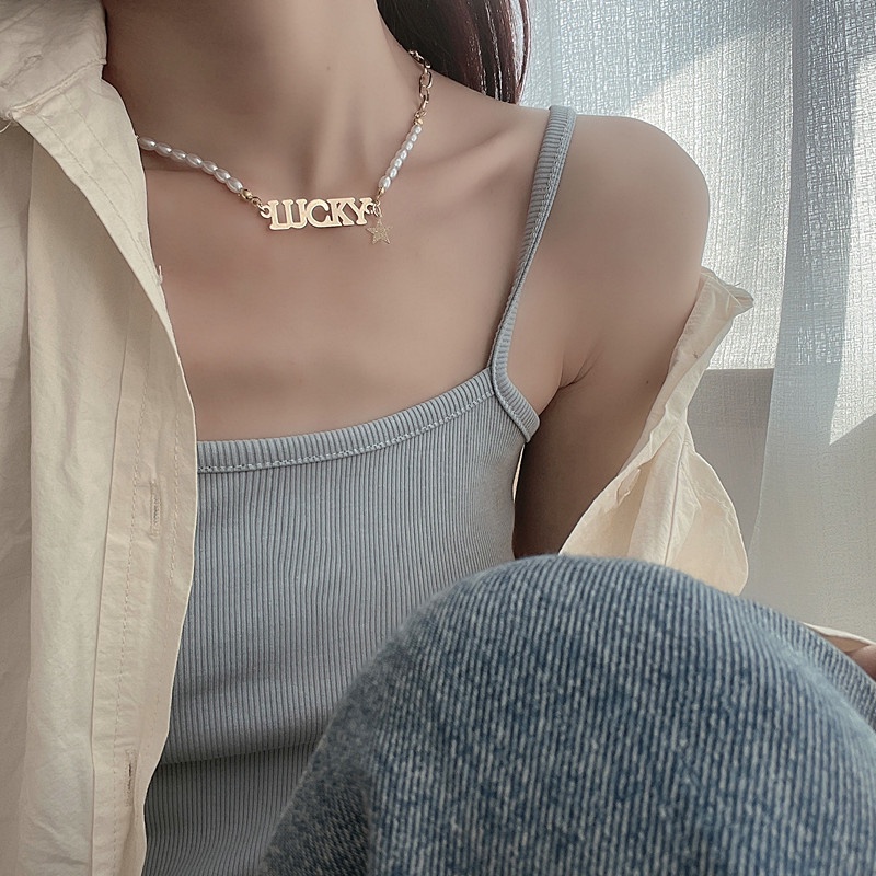 Vòng cổ Mặt Chữ Cái Đính Ngọc Trai Phong Cách Hàn Quốc Mới