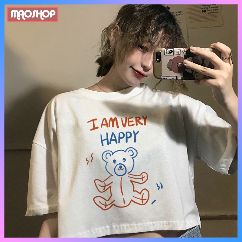 Áo Croptop bigsize kiểu ngắn tay Hàn Quốc in hình gấu Happy Ulzzang C28 - MaoMao