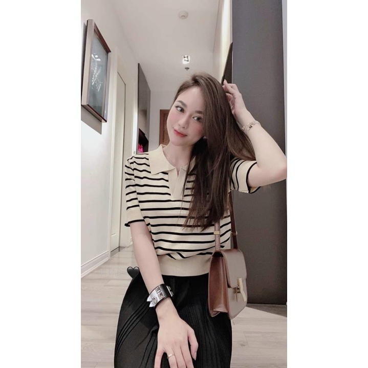 Áo thun polo có cổ hoạ tiết kẻ ngang không cúc bo viền phong cách basic năng động