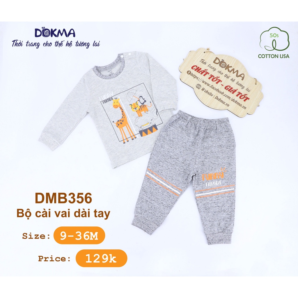 [FREESHIP] Bộ bé trai dài tay 6-36 tháng tuổi Cotton USA cài vai Dokma Voi.kids DMB356