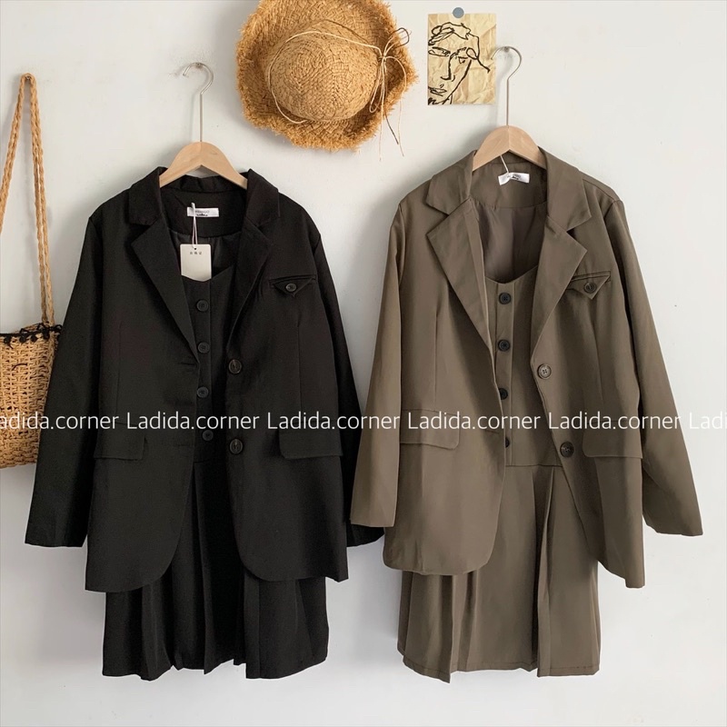 Set Áo váy Áo vest kèm váy 2 dây xếp ly phong cách ulzzang Hàn quốc