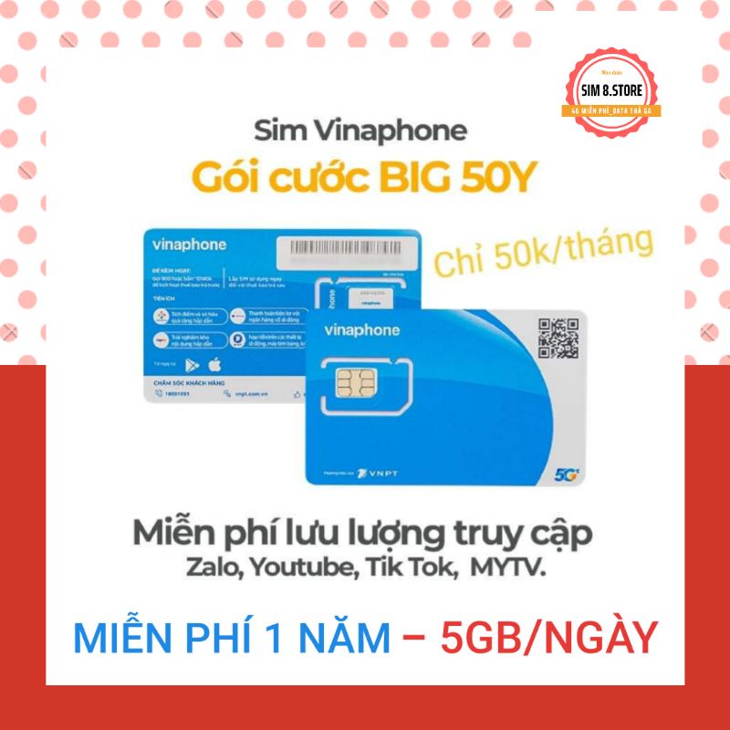 SIM 4G SIM BIG50Y Miễn phí 14 tháng ko phải nạp tiền 5G/ngày, thỏa sức Zalo, tiktok, Youtube