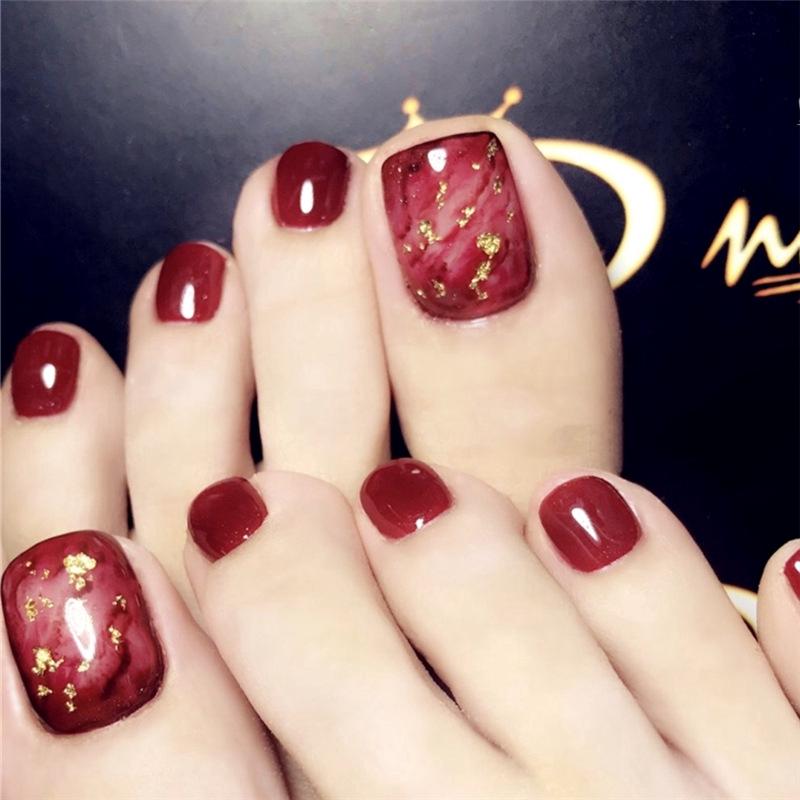 Bộ 24 móng chân giả đính lá vàng đỏ nở hoa