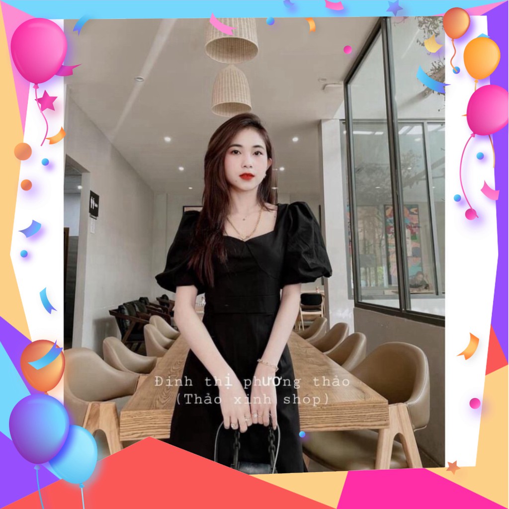 VÁY NỮ DÁNG NGẮN CỔ VUÔNG TAY BỒNG ĐEN DÁNG XÒE TIỂU THƯ - ĐẦM ĐEN TAY LỠ CHỮ A KHÓA KÉO ULZZANG [Có s