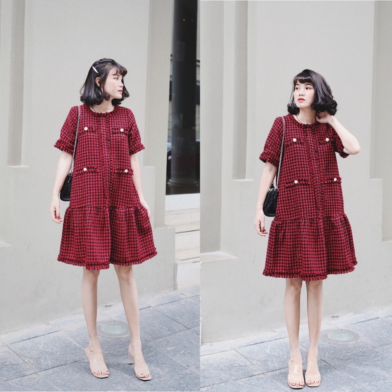 Đầm Dạ Tweed Đuôi Cá, Váy Dạ Tweed Hoạ Tiết Ziczac Vải Dạ Cao Cấp Có Ánh Nhũ Sang Trọng, Màu Đỏ Siêu Tôn Da