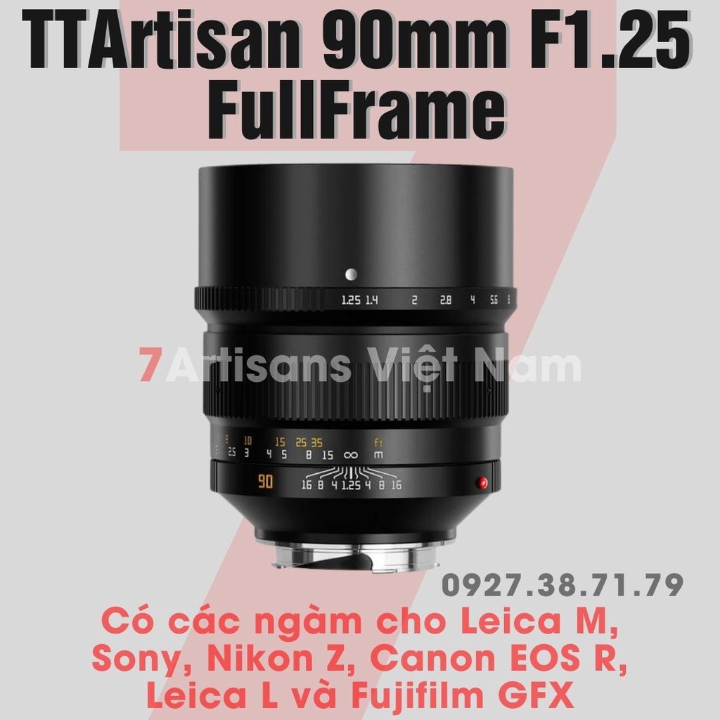 Ống kính TTArtisan 90mm F1.25 siêu chân dung cho Leica M, Leica L, Sony, Nikon Z, Canon R, Fujifilm GFX, HASSELBLAD X1D
