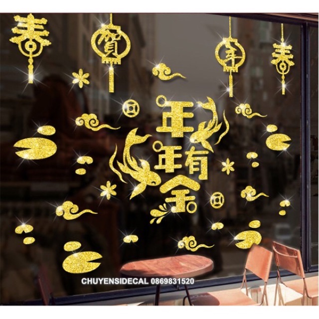 Decal dán Tết - Cá Rồng kèm chữ nhũ
