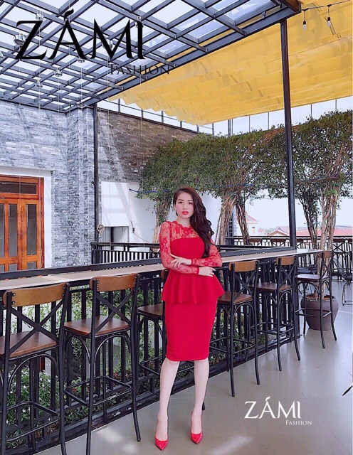 Đầm peplum công sở cao cấp phối ren tay