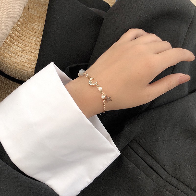 Vòng Tay Đính Hạt Pha Lê Hình Mặt Trăng Ngôi Sao Phong Cách Vintage Cho Nữ