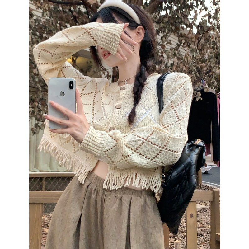 Áo Khoác cardigan Dệt Kim Thiết Kế Viền Rỗng Dáng Ngắn Thời Trang Cho Nữ