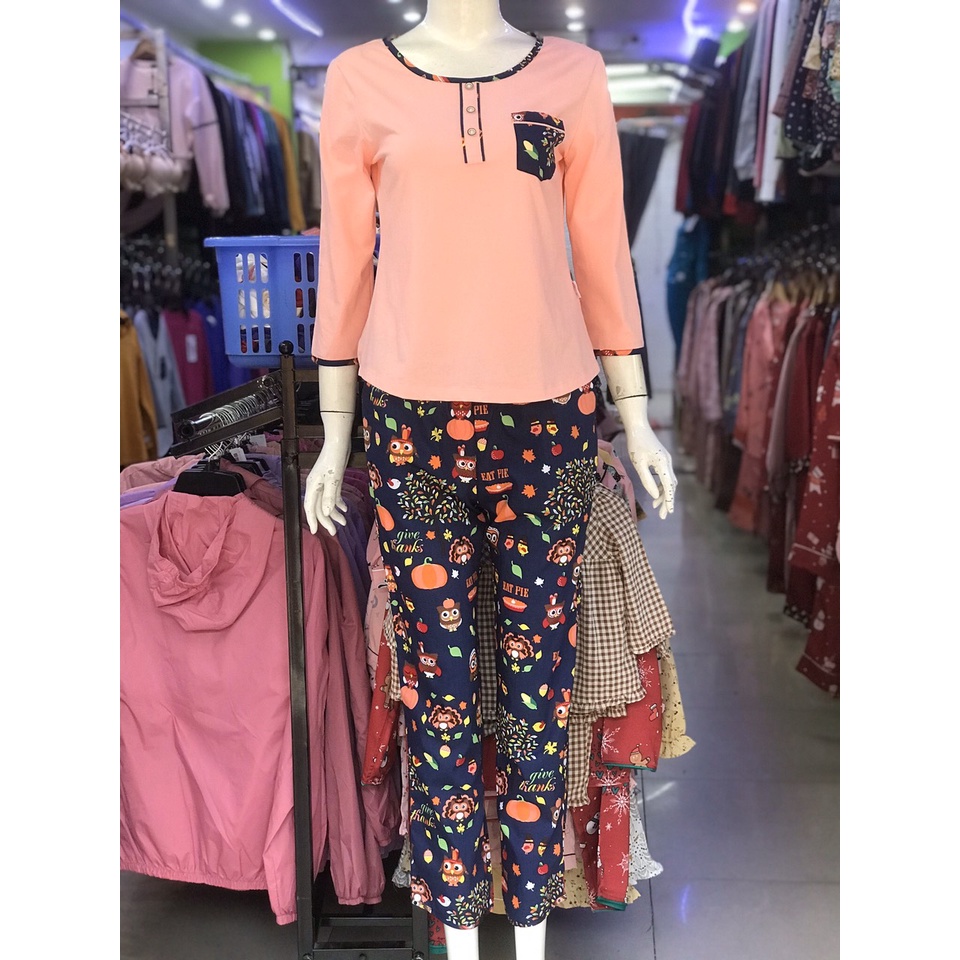 Hãng Karoll - Bộ đồ mặc nhà áo cotton tay lỡ quần thô dài NH20.305 (có nhiều màu)