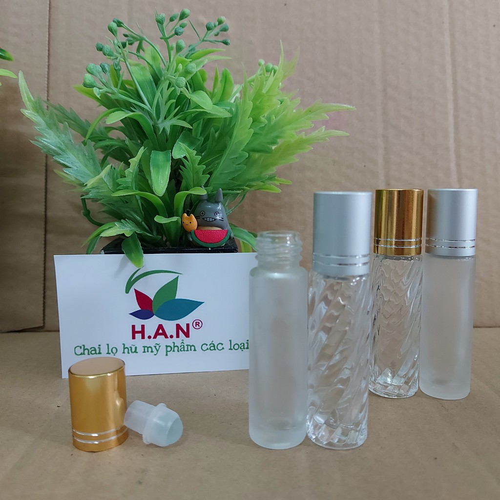 Bộ 50 vỏ bi lăn thủy tinh 10ml nắp bạc, vàng thân mờ, xoắn chiết nước hoa, dầu dừa, mỹ phẩm