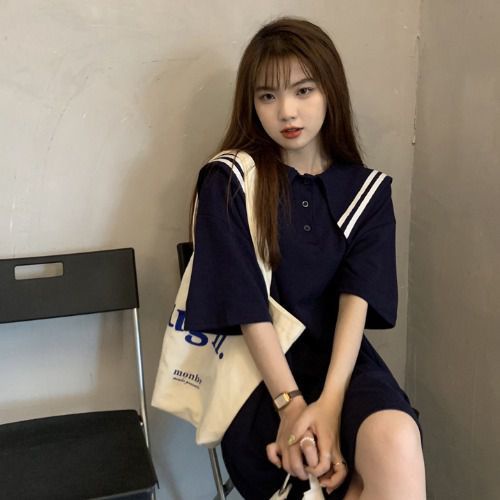 Đầm Thun Tay Lửng Dáng Rộng Phong Cách Preppy Hàn Quốc Thời Trang Cho Tuổi Teen 150kg Plus Size