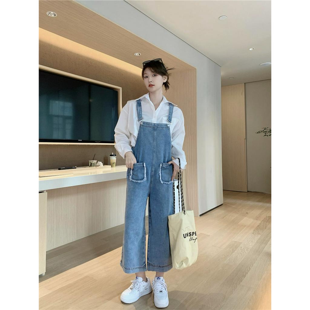 Quần yếm jean nữ dáng lửng from rộng túi phối tua phong cách học sinh yếm quần bò nữ thời trang hàn quốc unisex 2023