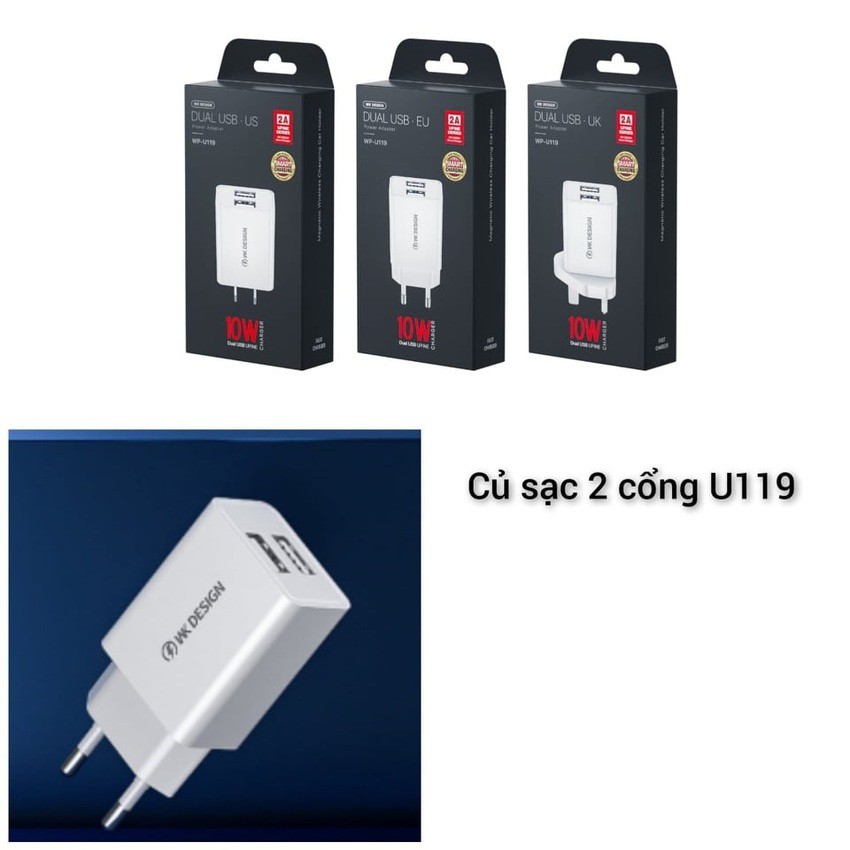 [HCM] Củ sạc nhanh, 2 cổng USB, 10W, sạc nhanh chính hãng WP - U119